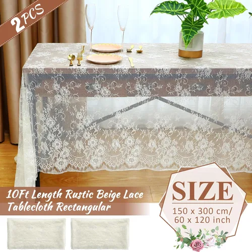 Vista 2 de Chumia Mantel rectangular de encaje de 60 x 120 pulgadas, mantel rústico superpuesto con rosa bordado vintage para boda, recepción, fiesta