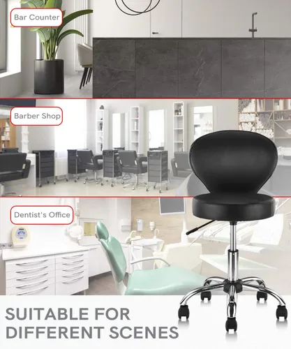 Vista 8 de KLASIKA Taburete giratorio ajustable con respaldo y ruedas, silla de escritorio de oficina multiusos, cojín de asiento grueso para el hogar, bar