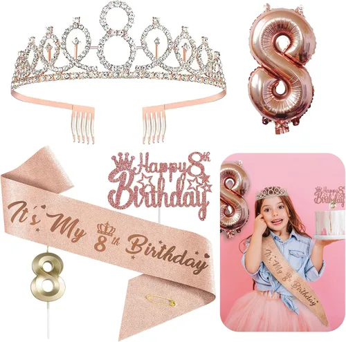 Vista 7 de Decoraciones de cumpleaños de 3 para ella – 5 regalos que incluyen corona de tercera tiara, banda, decoración de pasteles, globos, velas