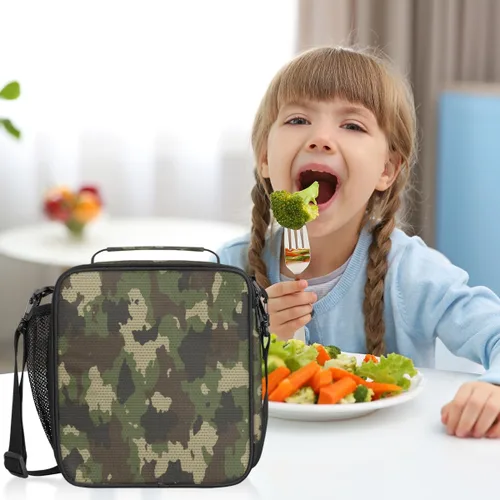 Vista 6 de Pardick Lonchera con aislamiento de camuflaje para niños y estudiantes, lonchera con soporte para comidas, color verde camuflaje, bolsa térmica