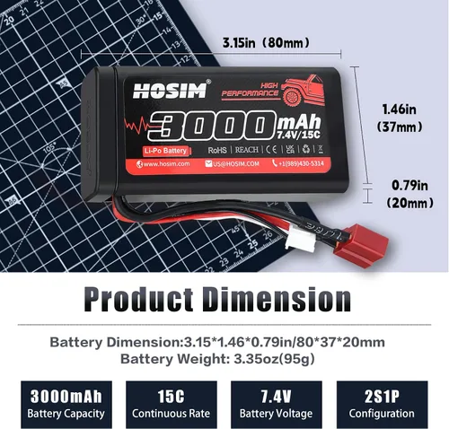 Vista 4 de Hosim 2 baterías Lipo RC Lipo de 7.4 V 15C 3000 mAh con 2 cargadores USB y 1 correa de batería para control remoto de coche RC sin escobillas