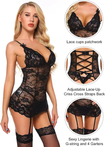 Vista 4 de Genhoo Conjunto de lencería sexy para mujer con ligas sin medias