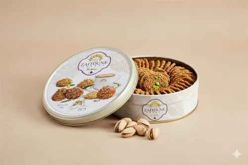 Vista 6 de Zaitoune Galletas Barazek - 8.82 oz Lujosas galletas crujientes de sésamo y pistacho hechas a mano en Turquía Hermosa lata de regalo