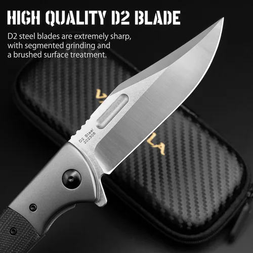 Vista 2 de VALHALLA PTEROSAUR Cuchillo de bolsillo, cuchillo plegable de acero D2 de 3.9 pulgadas con mango de micarta, cuchillo de bolsillo para hombres
