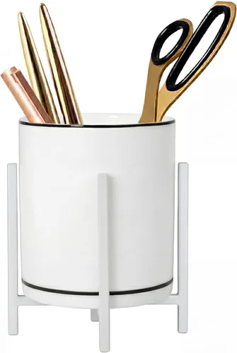 Vista 10 de Vaso de cerámica para escritorio, soporte de lápiz blanco y negro para escritorio, soporte para brochas de maquillaje de escritorio, soporte