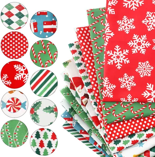 Vista 2 de Tatuo 10 Piezas de Tela de Algodón Cuadrada para Navidad, Precortada, Patchwork, Copo de Nieve, Impresión Roja y Verde, para Costura Navideña