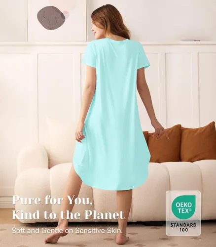 Vista 3 de NACHILA Bamboo Viscose Nightgowns for Women Cooling Short Sleeve Sleepshirt A-aqua Green
