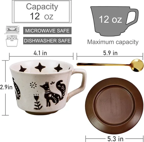 Vista 3 de Taza de café de cerámica vintage Taza de té de café de cerámica gruesa con platillo y cuchara de madera, taza de té y platillo de 12 onzas
