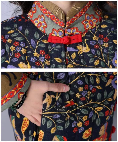 Vista 4 de IDEALSANXUN Abrigo largo de lino de algodón vintage estampado floral ligero gabardina con botón largo abajo chaqueta bata