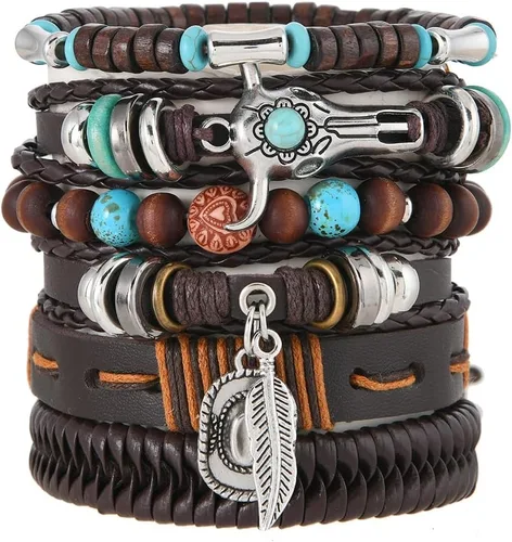 Vista 6 de Leather Bracelet for Men Women Skull Braided Wristband Medieval Pirate Bracelets