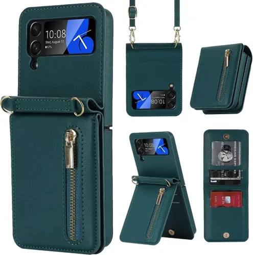 Vista 11 de Funda de lujo con cremallera para Samsung Galaxy Z Flip 3, con función atril, tarjetero ajustable, correa cruzada ajustable, funda con tapa a