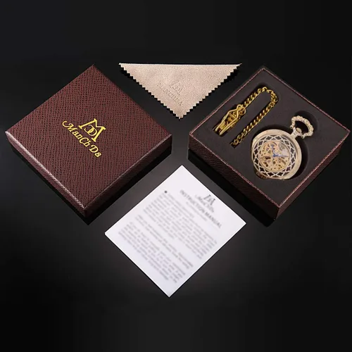Vista 7 de ManChDa Reloj de bolsillo mecánico vintage negro con cadena para hombres + caja