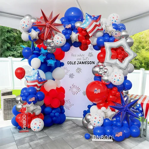 Vista 5 de Kit de arco de guirnalda de globos para el Día de la Independencia de 147 piezas, color rojo, blanco y azul, con estrella en explosión, globos