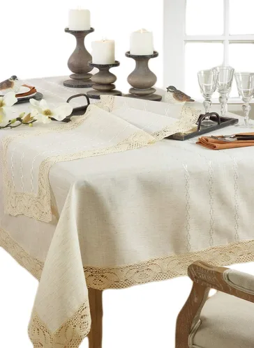 Vista 4 de Fennco Styles Elegante colección de manteles naturales de encaje bordado (72 x 140 pulgadas)