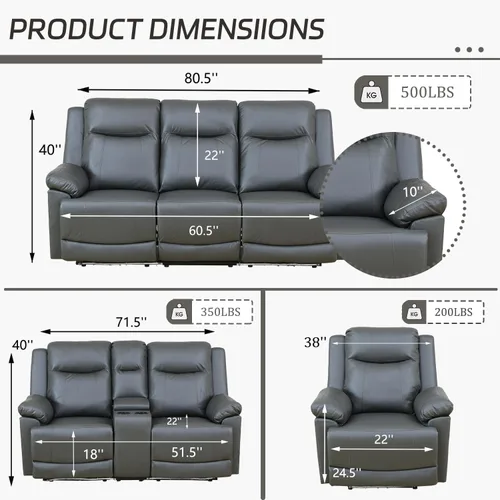 Vista 2 de Air Leather - Juego de sofá reclinable eléctrico con LED, juegos de muebles de sala de estar, juego de sofá reclinable eléctrico con puertos USB