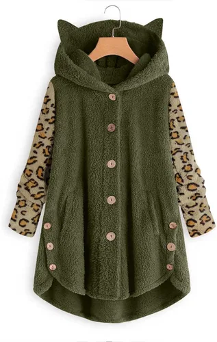 Vista 2 de Abrigo holgado con capucha y botones para mujer abrigo holgado con estampado de leopardo chaqueta con vuelo