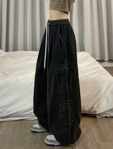 Vista 2 de Pantalones de mezclilla holgados Grunge Y2K Emo Alt Cargo Pant Fairycore Demin Aesthetic Jogger Pantalones de chándal Hiphop Cordón Streetwear