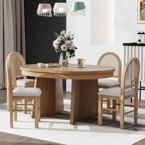 Vista 36 de VilroCaz Juego de comedor funcional retro de 5 piezas, mesa de comedor extensible de madera maciza con una hoja de 16 pulgadas y 4 sillas tapizadas