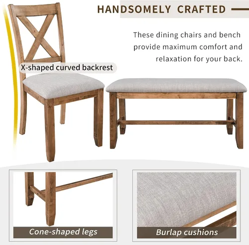 Vista 5 de Quarte Juego de mesa de comedor de 6 piezas, mesa de comedor rectangular de madera maciza, 4 sillas tapizadas y banco, muebles familiares rústicos