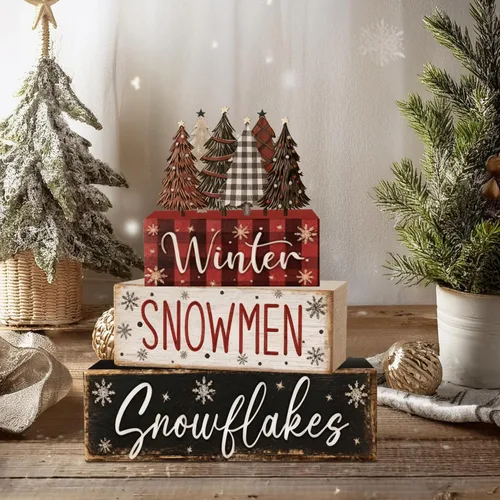 Vista 6 de 4 piezas de decoraciones navideñas para interiores - Decoración de mesa de árbol de Navidad de madera para el hogar - Centro de mesa navideño