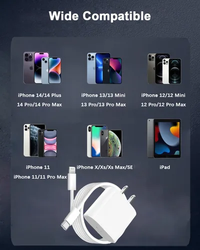 Vista 6 de Cargador súper rápido para iPhone, paquete de 2 unidades de 20 W, bloque de carga rápida USB C con cable Lightning de 6.6 pies, cable de carga