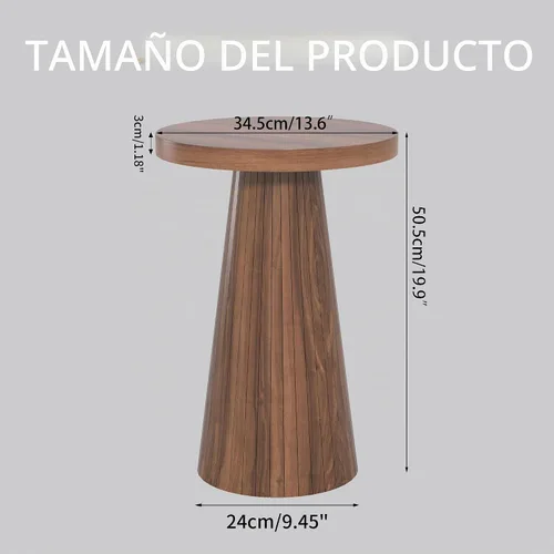 Vista 2 de Pequeña mesa auxiliar redonda con pedestal, mesa auxiliar de madera para sala de estar, mesa de bebidas acanalada para espacios pequeños, mesa Nogal