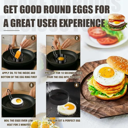 Vista 4 de 12 anillos de huevo para freír huevos, molde antiadherente para panqueques, molde de acero inoxidable con 4 cepillos de silicona, forma redonda