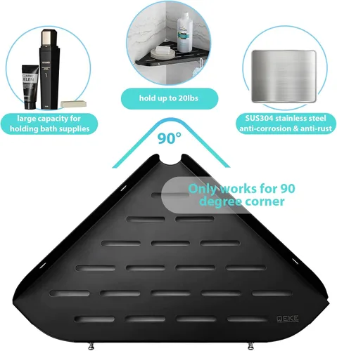 Vista 4 de Qeke Estante esquinero para baño, estante de ducha de 9 pulgadas, estante de acero inoxidable SUS304 para montaje en pared, estante de esquina con 2