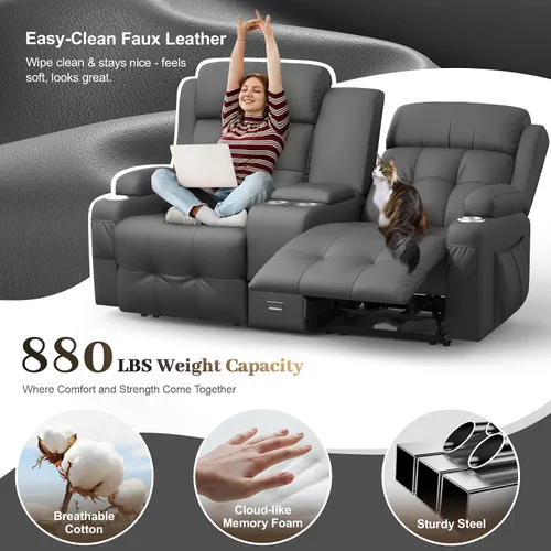 Vista 27 de Sofá de Dos Plazas Reclinable, Sofá Reclinable de Masaje con Gran Capacidad de Peso, Silla de Dos Plazas para RV en Liquidación con Consola, USB