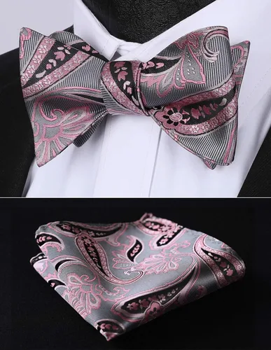 Vista 177 de HISDERN Pajaritas para hombre, corbatín de cachemira para hombre, corbata de lazo y bolsillo cuadrado, juego formal de esmoquin para boda