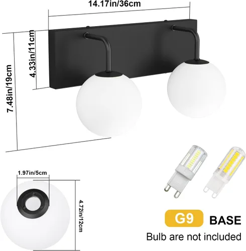 Vista 6 de Tipace Lámpara de tocador negra, 2 luces modernas sobre espejo con globo blanco leche blanca para baño (excluye bombilla)