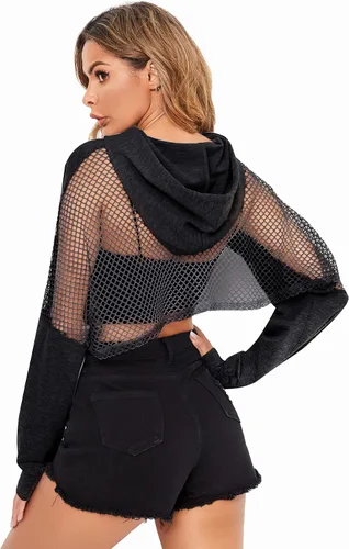 Vista 2 de Verdusa Sudadera corta con capucha y cordón para mujer con hombros caídos de red transparente