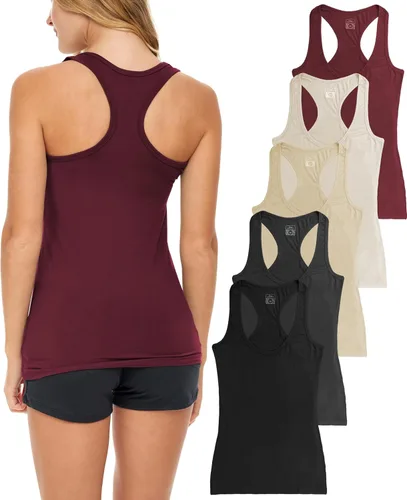 Vista 9 de Sexy Basics Paquete de 5 camisetas sin mangas PowerFlex con espalda nadadora para mujer / Camisetas sin mangas elásticas de algodón y elastano