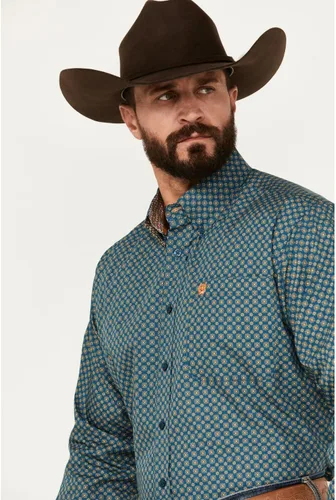 Vista 2 de Cinch Camisa de botones con estampado de medallón para hombre, color azul, talla S, Azul