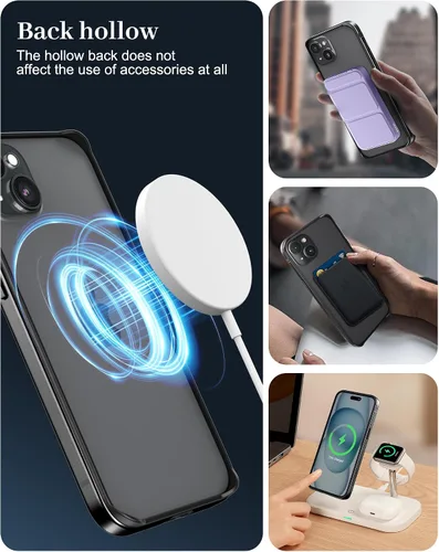Vista 4 de Funda delgada de metal para iPhone 15, interior de TPU suave + parachoques chapado en metal, soporte de carga inalámbrica, parachoques a prueba