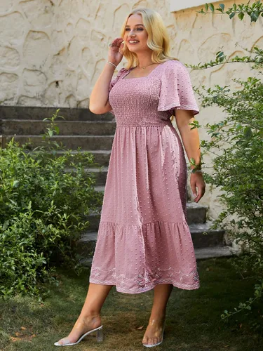 Vista 3 de Glamaker Vestido de Verano Casual de Manga Corta con Cuello Cuadrado Fruncido Talla Grande para Mujer Vestido Midi Suelto Línea A Vestido Largo