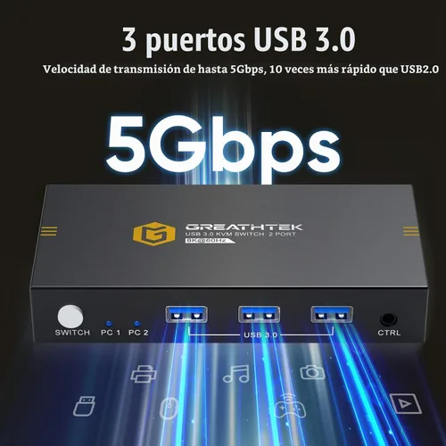 Vista 4 de Conmutadores KVM de 2 puertos 8K a 60Hz, interruptor KVM GREATHTEK HDMI Compartir dispositivos USB con 3 concentradores USB3.0, 2 computadoras, 1