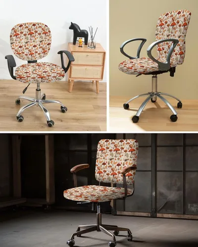 Vista 6 de Funda para silla de oficina, diseño de hongos, diseño de hojas de otoño, protector y elástico, universal, giratorio, 2 piezas, para silla