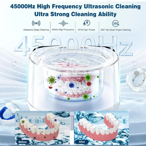 Vista 4 de Máquina ultrasónica de limpiador de retenedores U-V, limpiador ultrasónico de 45 kHz para dentaduras, retenedor, protector bucal, alineador, cabezal