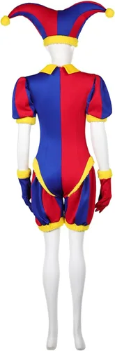 Vista 3 de Disfraz de circo Pomni de payaso Pomni, overol para cosplay, gorro, guantes, traje de bufón mágico para Halloween para adultos y niños