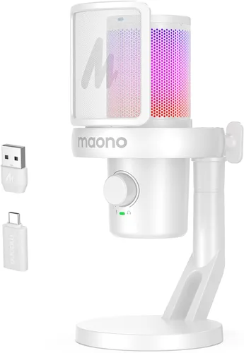 Vista 10 de MAONO Micrófono inalámbrico para PC, micrófono condensador de transmisión de juegos con cambio de voz AI de software, cancelación de ruido de 3