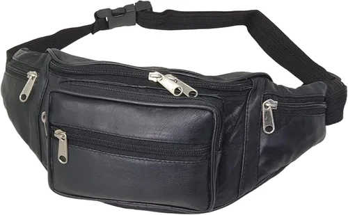 Vista 2 de Hombres Cuero Genuino Suave Extra Grande Calidad Viaje Cintura Bum Bag Bolsa Dinero Bolsa Negro