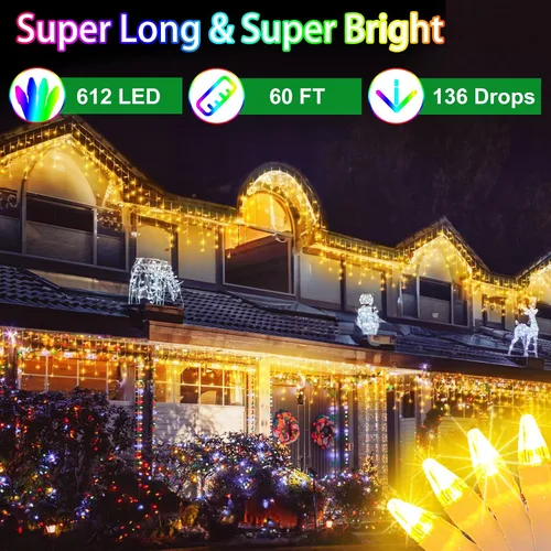 Vista 2 de 612 luces LED de Navidad para exteriores de 60 pies, 136 gotas de hielo, 12 modos profesionales con temporizador de memoria y brillo, tira de luces