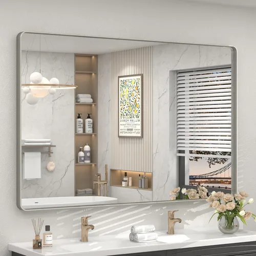 Vista 133 de Paquete de 2 espejos de baño con marco de metal negro de 22 x 30 pulgadas, espejo rectangular redondeado negro mate, antioxidante, se cuelga
