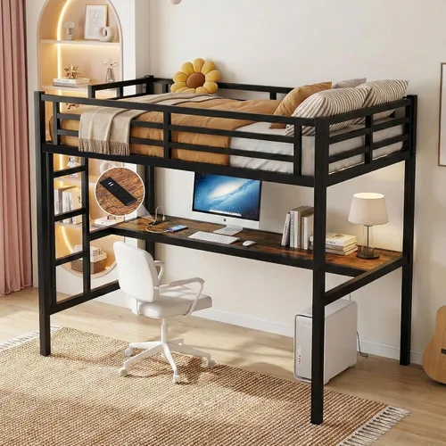 Vista 10 de MAKIAAP Cama alta individual con escritorio, marco de cama alta de metal con puerto de carga USB, luces LED y anclaje antivuelco, litera resistente