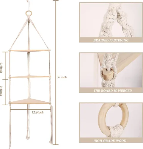Vista 2 de ARMERI Estante colgante de macramé, decoración de pared bohemia de 3 niveles, cuerda de algodón hecha a mano, estantes flotantes de madera rústica