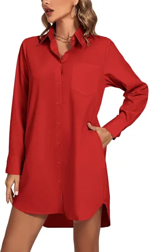 Vista 12 de LYANER Vestido camisero para mujer con cuello en V, botones, manga larga y dobladillo curvado