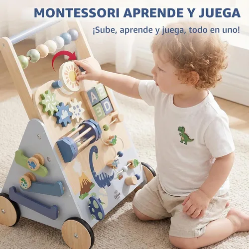 Vista 7 de Lehoo Castle Dinosaur Wooden Baby Walker, Adjustable Speed Baby Push Walker Blue