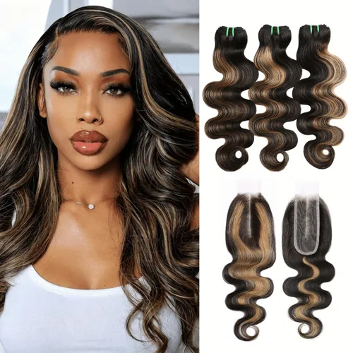 Vista 8 de Paquetes de Cabello Humano 13A Doble Extraído FB/27 Ondas del Cuerpo Color Rubio con Mechas, Rubio Miel con Negro Paquete Individual Cabello Humano