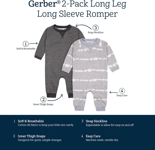 Vista 8 de Gerber baby-boys 2-pack Long Leg RomperBaby and Toddler T-Shirt Set